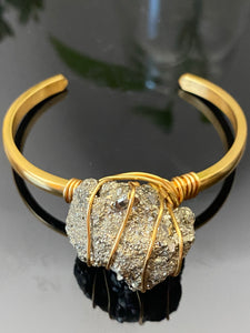 Wire Wrapped Pyrite on Gold Bangle