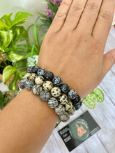 Load image into Gallery viewer, Grounded, Balanced and Protected Chunky Bracelet Set - Zebra Jasper, Dalmation Jasper and Snowflake Obsidian Bracelet Stack