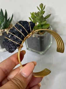 Wire Wrapped Large Black Tourmaline on Gold Cuff Bangle - “I Am Protected”