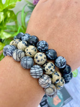 Load image into Gallery viewer, Grounded, Balanced and Protected Chunky Bracelet Set - Zebra Jasper, Dalmation Jasper and Snowflake Obsidian Bracelet Stack