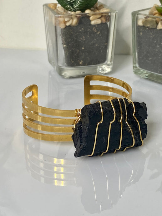 Wire Wrapped Large Black Tourmaline on Gold Cuff Bangle - “I Am Protected”