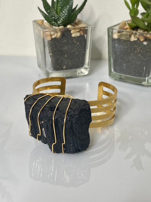 Wire Wrapped Large Black Tourmaline on Gold Cuff Bangle - “I Am Protected”
